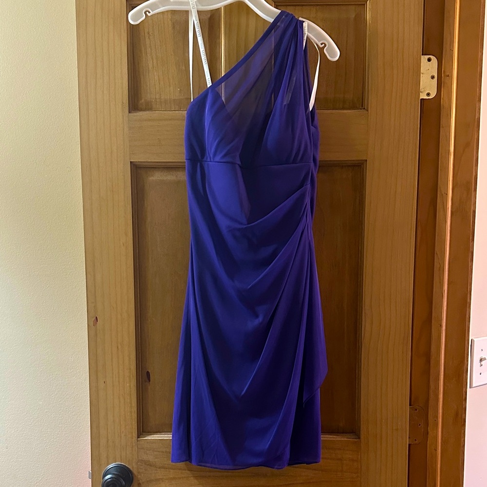 One shoulder purple dress from David’s Bridal.